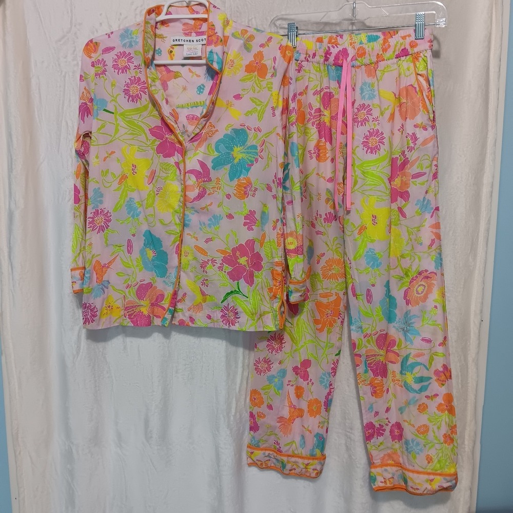 Gretchen Scott Size XS 2 Piece Pajamas Pink Birds Bees Top/Pant Maximalist